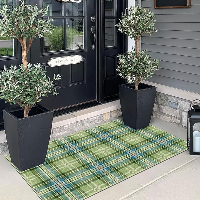 Front Door Mat Indoor Entrance - 2x4.3 Ft Buffalo Washable Layered Doormat Outdoor Entrance Porch Rug Non-Slip Green Teal Plaid Tartan Runner Rug for Kitchen Bedroom Laundry Room Porch Decor