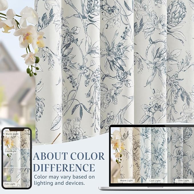 jinchan Floral Curtains 108 Inch Length Blue Flower Linen Farmhouse Curtain for Living Room French Country Vintage Curtain Rod Pocket Curtains Set 2 Panels Blue Floral Printed