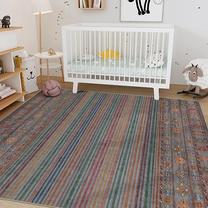 Nakagishi 7X9 Area Rugs Living Room: Washable Large Vintage Rug Neutral Non-Slip Soft Stain Resistant Indoor Carpet for Bedroom Nursery Dining Room Office Playroom - Multi Color