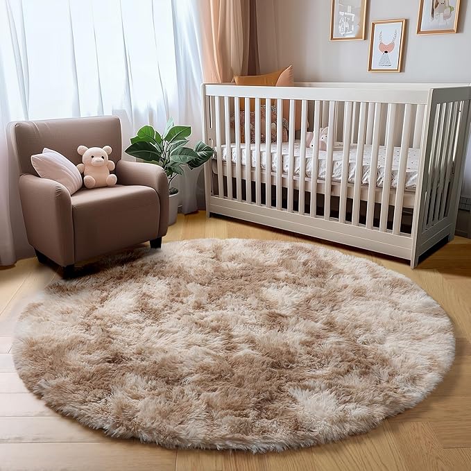 Amdrebio Tie-Dyed Beige Tan Round Area Rug 4Ft for Bedroom, Fluffy Plush Shag Furry Circle Rugs for Kids Room, Living Room Decor Aesthetic, Cute Fuzzy Neutral Carpet for Baby Nursery Playroom Dorm