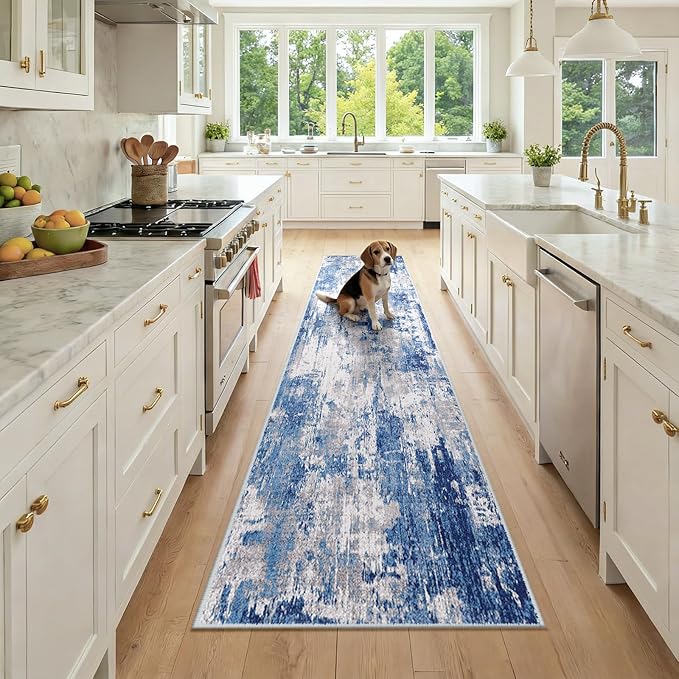 Washable Area Rugs 2x9 Non-Slip Modern Abstract Soft for Living Room Entryway Bedroom Nursery, Print Pattern, Blue Grey Navy Gray
