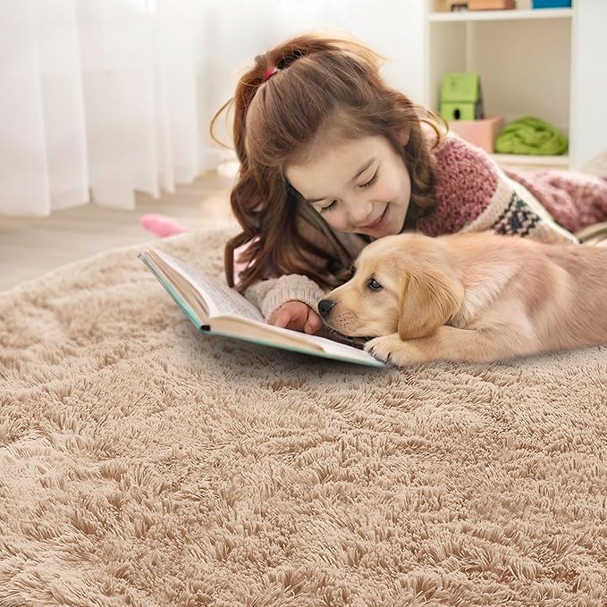 OLANLY Beige Round Rugs for Bedroom - Machine Washable, 7 ft Circle Area Rugs for Living Room, Soft and Fluffy Shaggy Carpet for Teen Girls and Boys, Nursery Rooms, Dorms, Home Decor Aesthetic