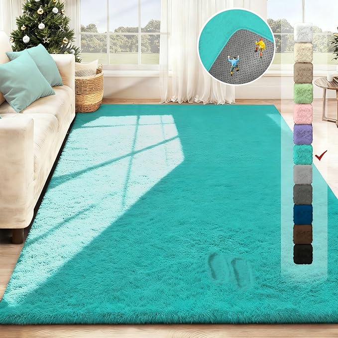 5x7 Area Rug for Living Room: Fluffy Shag Soft Washable Rugs Fuzzy Plush Indoor Carpet for Bedroom Nursery Playroom Dorm Kids Girls Boys Room (Teal Blue, 5'x7')