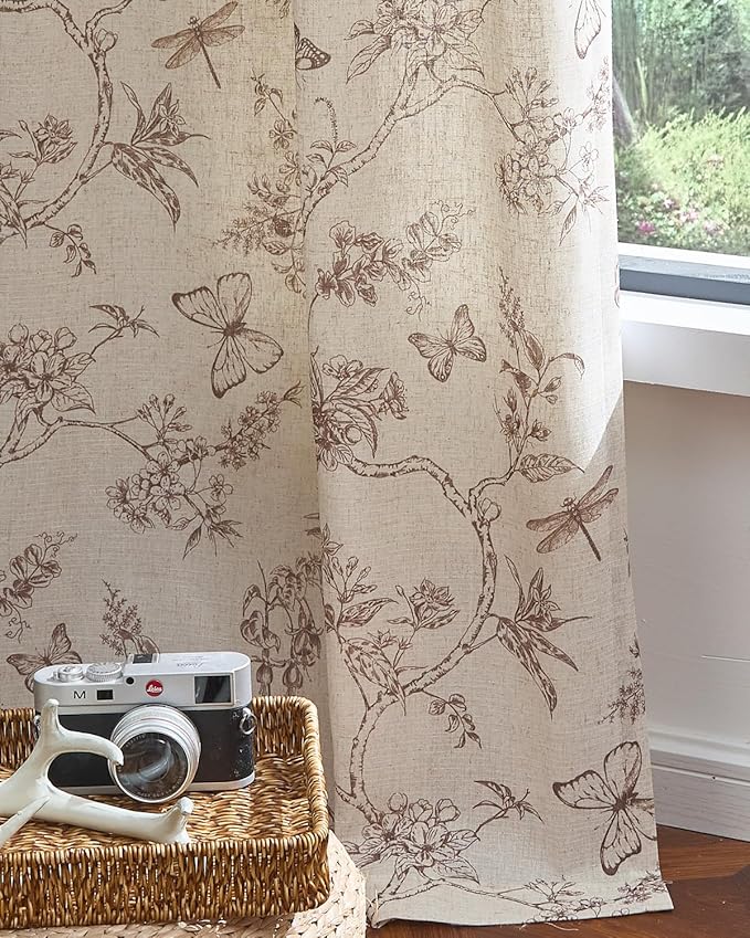 jinchan Floral Linen Curtains for Living Room 96 Inch Length Butterfly Curtain Taupe Floral Curtains French Country Farmhouse Curtain Flower Patterned Drapes Window Treatment Set 2 Panels