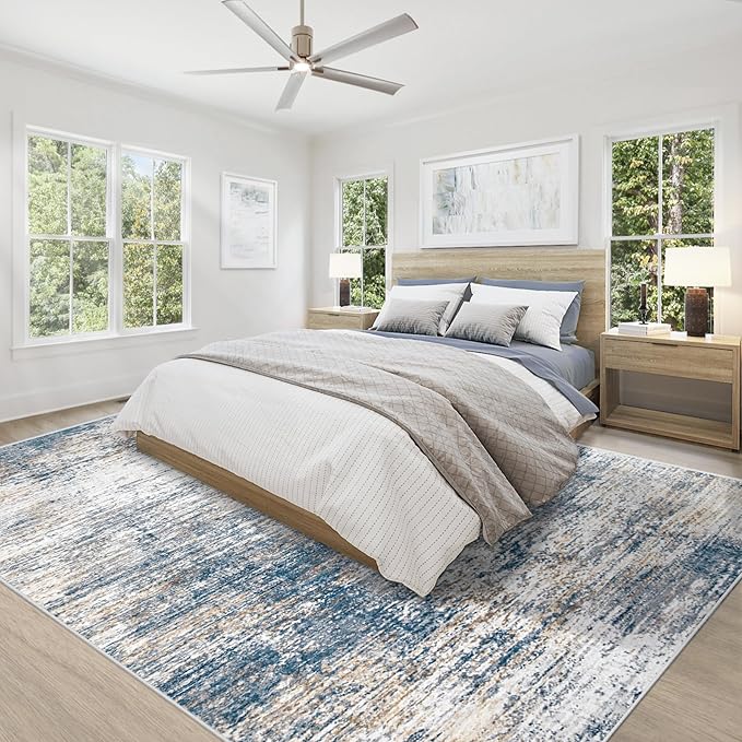 8x10 Area Rugs for Living Room, Washable Modern Abstract Large Area Rug Neutral Soft Non Slip Kids Rug Stain Resistant Indoor Carpet for Bedroom Nursery Dining Room Playroom(BlueWhite, 8'x10')