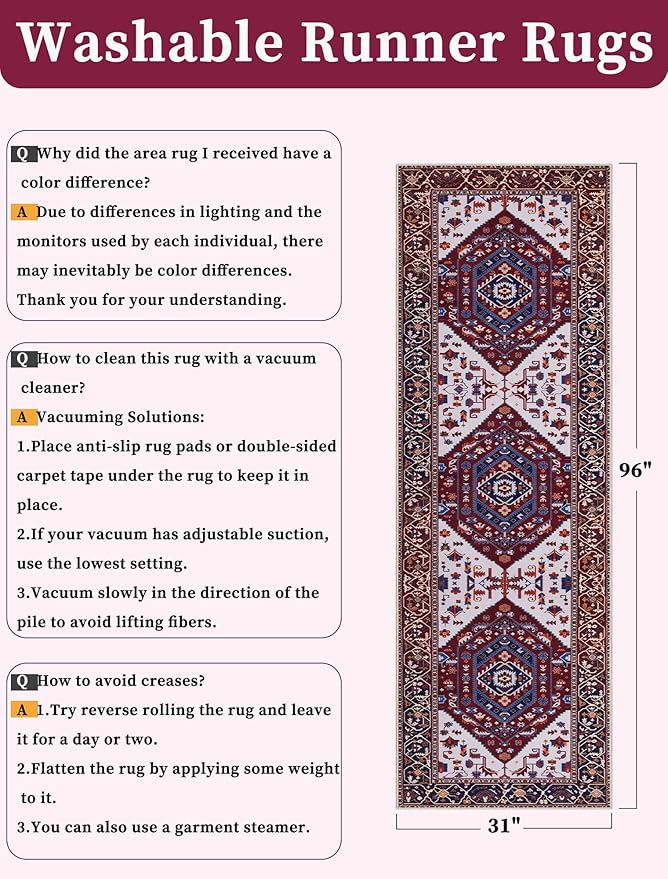 SERISSA Runner Rug for Hallways, 2'6"x8' Washable Non Slip Kitchen Runner Rug, Long Boho Rug Vintage Burgundy Navy Hallway Stair Ultra Soft Print Floor Carpet for Bedroom Bathroom Laundry Room
