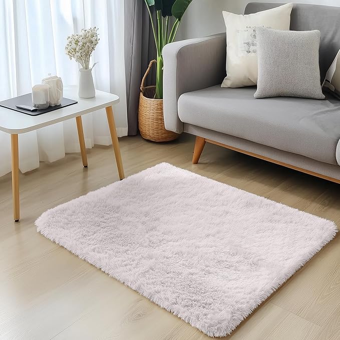 OLANLY 3x3 Machine Washable Small Bedside Rug, Soft Fluffy Shaggy Entryway Throw Rugs for Bedroom, Living Room, Indoor Floor Carpet for Kids Girls and Boys, Nursery Rooms, Home Decor Aesthetic, White