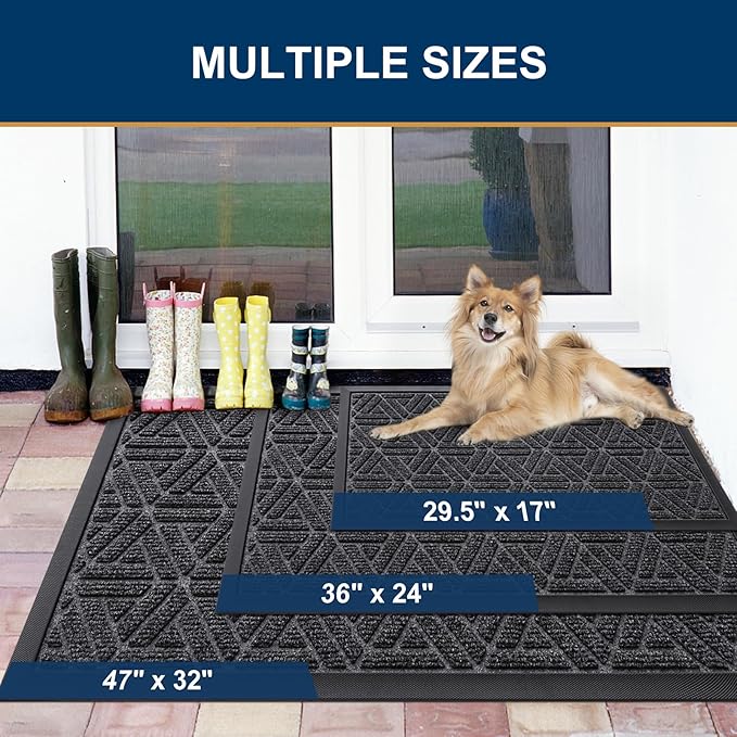 Smiry Front Door Mat Outside Entrance, Heavy Duty Sturdy Natural Rubber Doormat, Trap Dirt and Moisture, Easy Clean Low Profile Mats for Indoor Outdoor Entry, Grid Geometric (71x47, Grey)