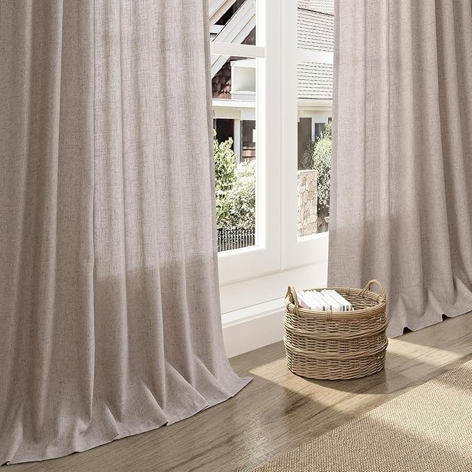 Nanspring Brownish Grey Linen Curtains for Living Room 86 Inches Long Back Tab Light Filtering Semi Sheer Curtain Modern Farmhouse Decor for Bedroom Office Luxury Textured Drapes 52x86, 2 Panels