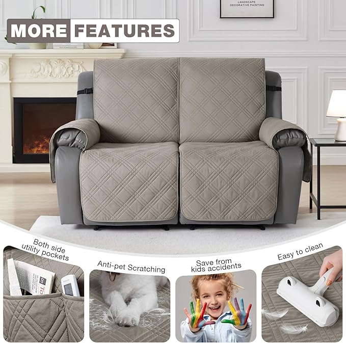 TAOCOCO 100% Waterproof Loveseat Recliner Cover, Non Slip Split Recliner Couch Cover with Elastic Straps, Washable Reclining Sofa Cover Furniture Protector for Kids, Dogs, Pets(2 Seater, Light Brown)