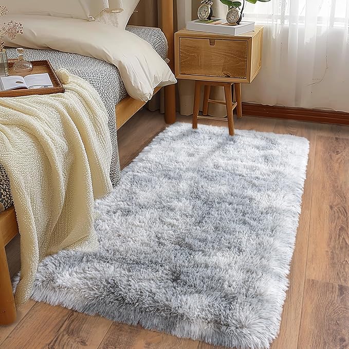 Ultra Soft Runner Rugs for Bedroom Hallways with Upgraded Non-Slip Rubber Backing & Thick Memory Sponge, 2 Packs 2x4 Feet Fluffy Shag Throw Area Rug for Bedside Dorm Tie-dye Light Grey