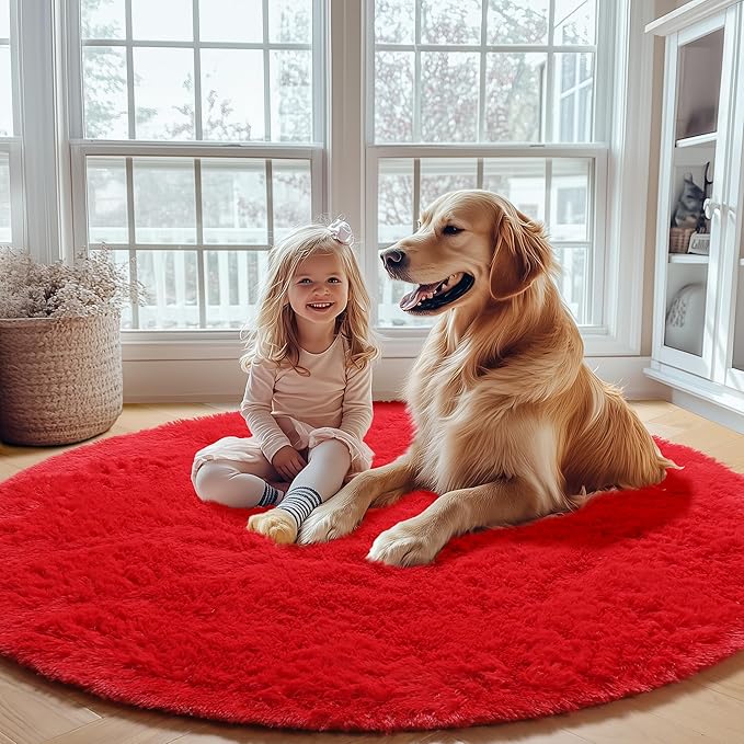 ONASAR Red Round Rugs 5ft for Bedroom Living Room, Fluffy Circle Area Rug for Kids Girls Boys Teen, Soft Plush Shaggy Carpet for Nursery Dorm Classroom Playroom Home Decor Aesthetic