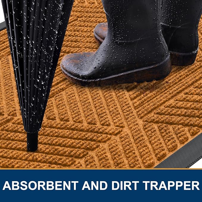 Smiry Front Door Mat Outside Entrance, Heavy Duty Sturdy Natural Rubber Doormat, Trap Dirt and Moisture, Easy Clean Low Profile Mats for Indoor Outdoor Entry, Irregular Triangle (29.5x17, Amber)