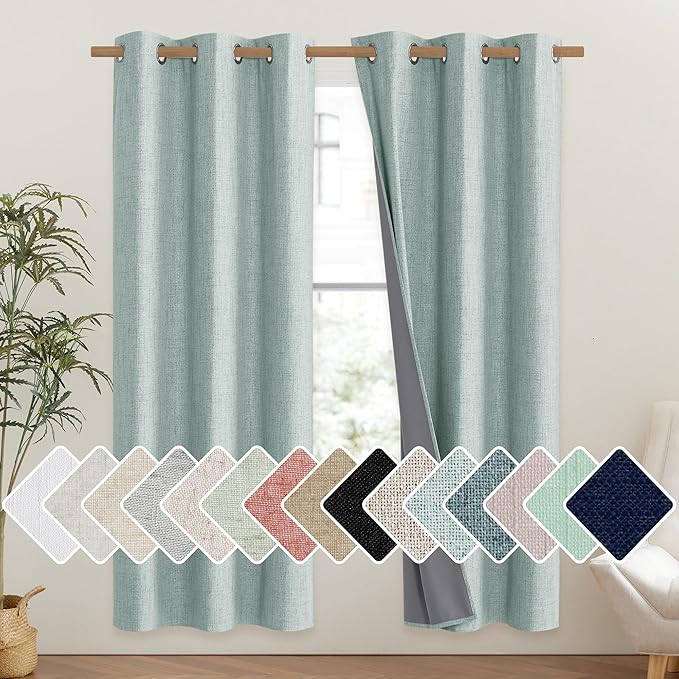 NICETOWN 100% Absolutely Blackout Linen Curtains with Thermal Insulated Liner, Seafoam Green, 42" Wide, 72" Length Energy Saving Curtains for Classroom 2 Panels Set, Vertical Blinds