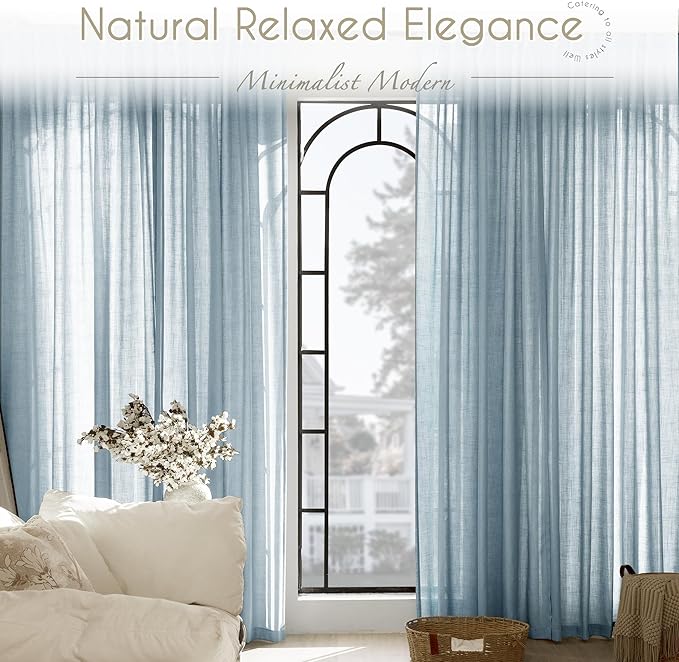 Dusty Blue Linen Curtains for Living Room Back Tab Light Filtering Semi Sheer Light Blue Bedroom Curtain Linen Cotton Textured Grey Blue Drapery Panel Airy Modern Farmhouse Aesthetic Decor 52x108 Long