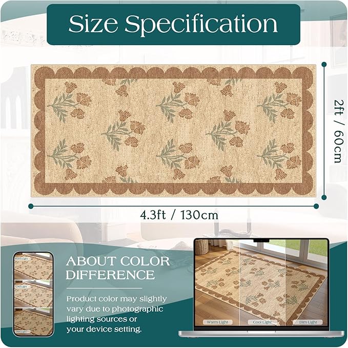 Front Door Mat Indoor Entrance - 2x4.3 Ft Tan Floral Washable Layered Doormat Outdoor Entrance Porch Rug Non-Slip Neutral Country Jute-Look Runner Rug for Kitchen Mud Laundry Room Porch Decor