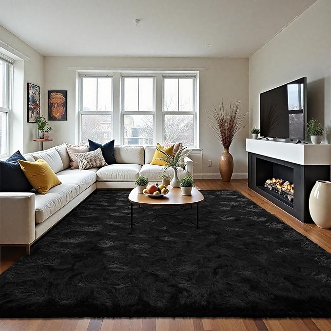 LOCHAS Ultra Soft Indoor Modern Area Rugs Fluffy Living Room Carpets for Children Bedroom Home Decor Nursery Rug 3x5 Feet, Black