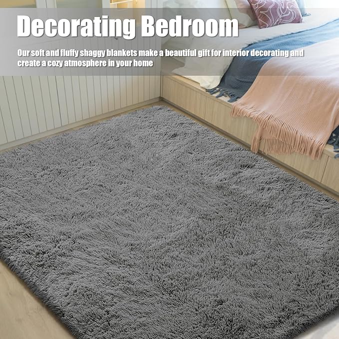 Shag Area Rug for Bedroom 4x6,Deep Grey Fluffy Area Rugs for Living Room,Soft Fuzzy Rug Non-Shedding Indoor Plush Carpet for Kids Bedroom Nursery Dorm Home Decor