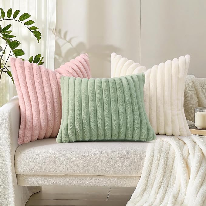 decorUhome Summer Cozy Faux Fur Throw Pillow Covers 26x26 Set of 2 Decorative Plush Striped Modern Farmhouse Boho Couch Euro Sham Pillow Cases with Velvet Back for Sofa Bed Living Room, Cream White