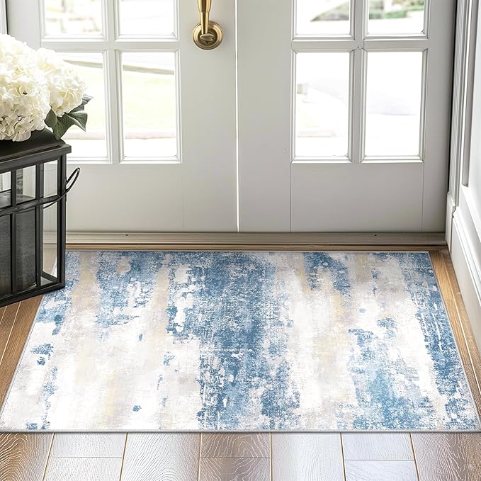 BEIMO 2x3 Rugs for Entryway Entrance Kitchen Bathroom, Machine Washable Modern Abstract Soft Area Rug, Indoor Floor Carpet with Non Slip Rubber Backing, Blue Cream