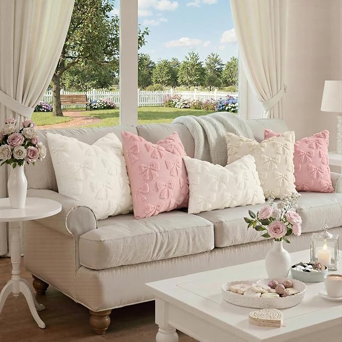 decorUhome Beige Bow Pillow Covers Set of 2 Coquette Aesthetic Cute Preppy Plush Faux Pillowcases for Girly Bedroom or Couch 20x20 Inch