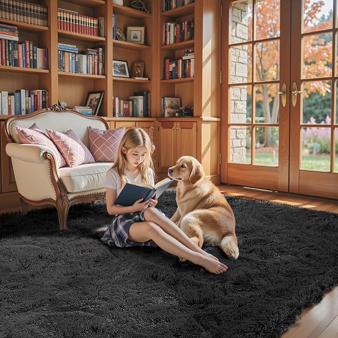 Rugs for Living Room 6x9, Alfombras para Salas Shag Large Plush Soft Area Rug, Shaggy Carpets for Bedroom, Kids Boys Girls Home Decor Aesthetic(Black, 6 x 9 Feet)