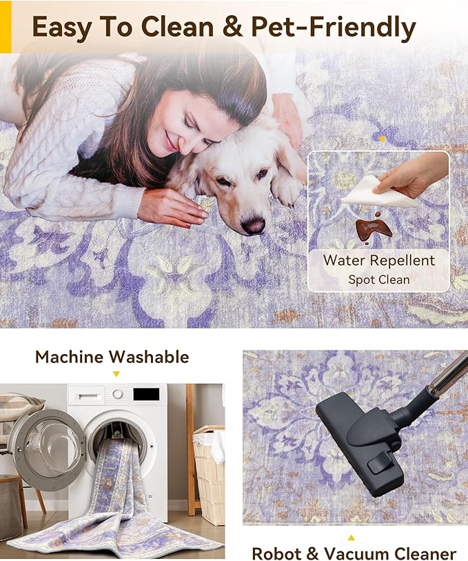 RELEANY Area Rugs 9'x12' Washable Non-Slip, Floral Vintage Distress Print Pattern Medallion Carpet for Living Room Bedroom Dining Room, Light Purple Brown