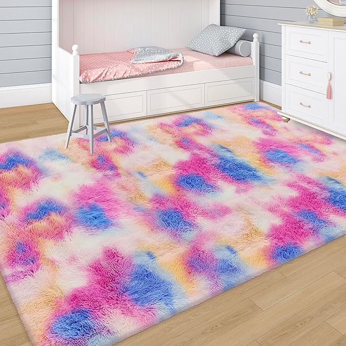 Fluffy Rainbow Colorful Rug for Living Room 5x8 Kawaii Rainbow Tie Dye Area Rug Fuzzy Indoor Floor Unicorn Rug for Bedroom Girls Kids Nursery Baby Princess Room Dorm Home Decor Aesthetic Carpets