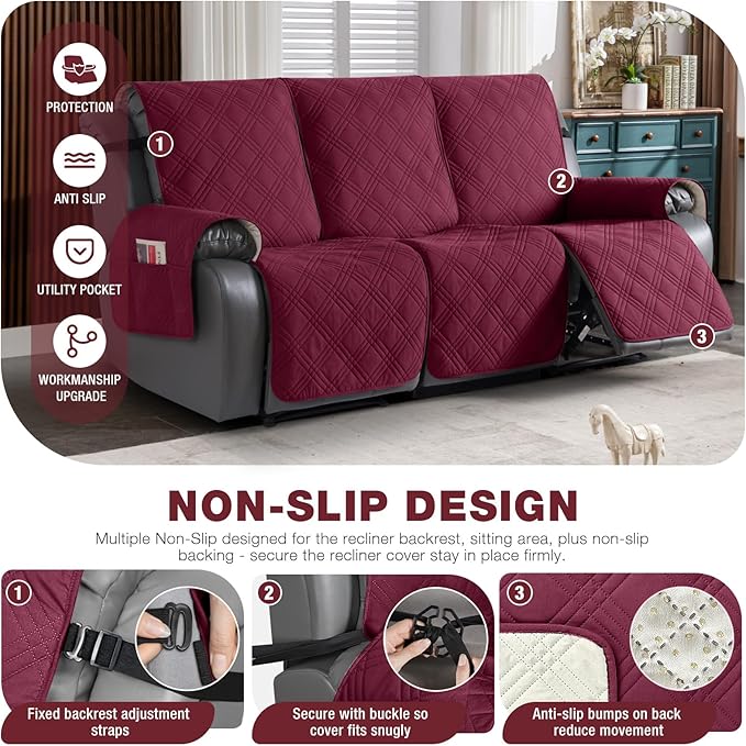 TAOCOCO 100% Waterproof Recliner Sofa Covers 3 Seater, Split Couch Covers for Reclining Couches, Non Slip Reclining Couch Covers with Double Straps for Kids Pets(3 Seater, Wine)