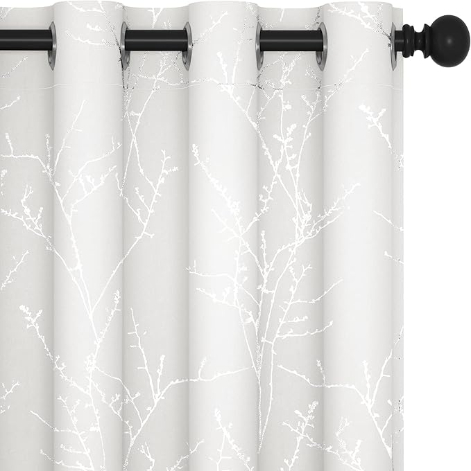 Deconovo White Curtains, Room Darkening Curtain, Thermal Insulated Noise Reducing Drapes, Silver Print, 52 x 72 Inch Long, Grommet Top, Window Panels for Living Room Bedroom Nursery Office, Set of 2
