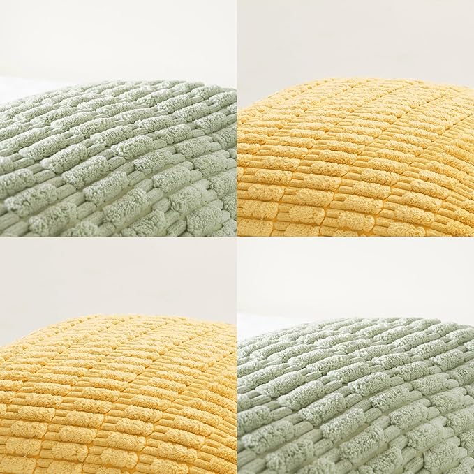Fancy Homi Set of 4 Spring Boho Decorative Throw Pillow Covers 24x24 Inch for Couch Bed Sofa, Sage Green Yellow Room Decor, Soft Fuzzy Fluffy Cozy Corduroy Textured Cushion Case 60x60cm