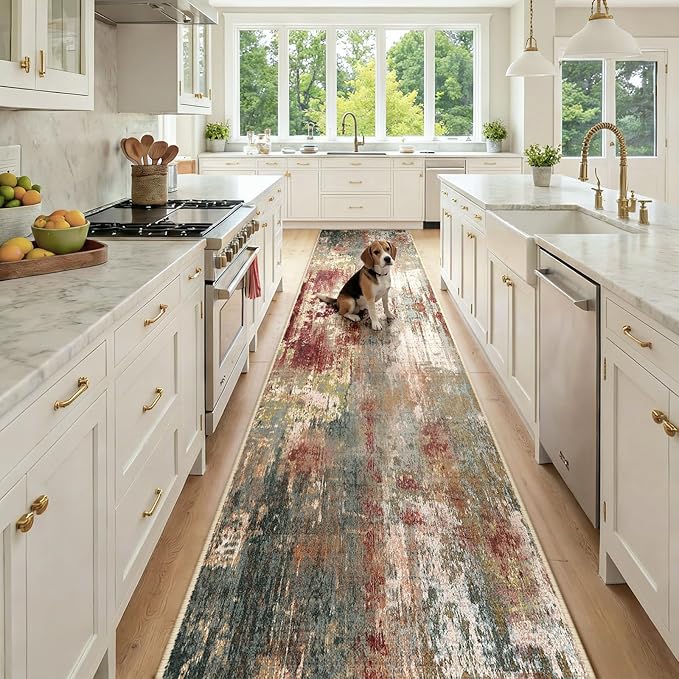 Washable Area Rugs 2'6'' x12 Non-Slip Modern Abstract Soft for Living Room Entryway Bedroom Nursery, Print Pattern, Brown Rust Red Green Blue Multi