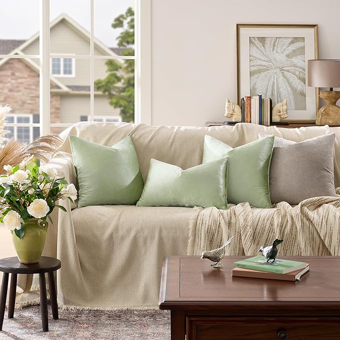 GIGIZAZA Sage Green Pillow Covers 16x16 Throw Pillows Velvet Decorative Sofa Couch Pillow Covers Bedroom Cushion Pillowcase