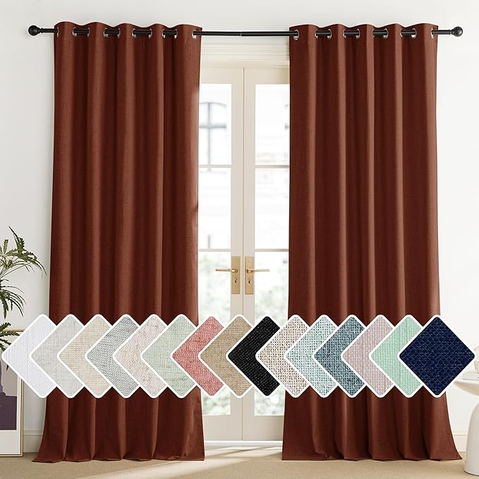 NICETOWN 100% Absolutely Blackout Linen Curtains with Thermal Insulated Liner, 62" Wide, 2 Panels, 95" Long Drapes, Grommet Retro Burnt Orange Linen Curtains Vertical Drapes Privacy for Bedroom