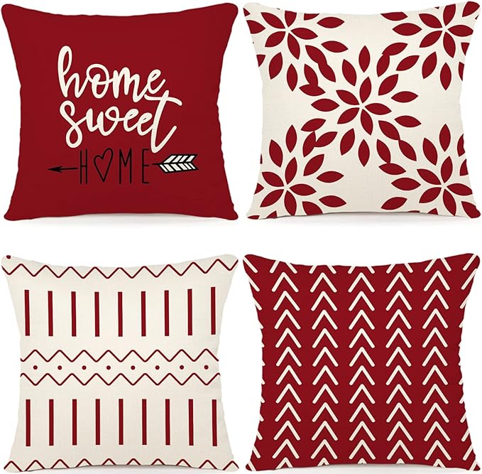 YCOLL Christmas Pillow Covers 18x18 Set of 4, Modern Sofa Throw Pillow Cover for Christmas Decor, Decorative Outdoor Linen Fabric Pillow Case for Couch Bed Car, Red