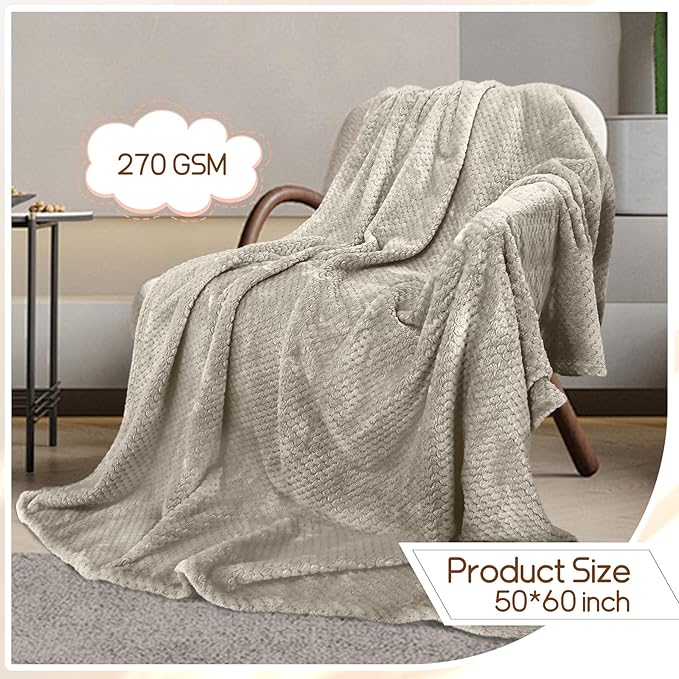 4 Pack Fleece Throw Blankets 50x60 Inches - 270 GSM Ultra Soft Plush Flannel for Bed Couch Sofa, Lightweight Warm 3D Waffle Texture, No Shedding No Pilling All Season Throw (Light Beige)