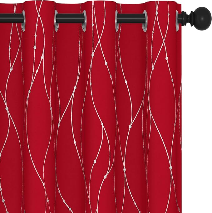 Deconovo Christmas Curtains, Red Curtain, Blackout Drapes, Thermal Insulated Noise‑Reduced Drape, Wave Line Dots Foil Print, 52 x 84 Inch, 2 Panels, Machine‑Washable Window Panel for Party Living Room