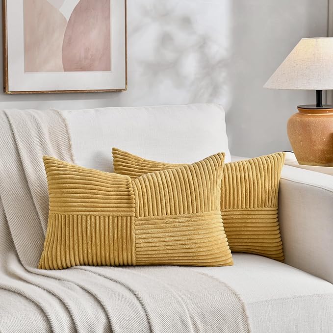 Fancy Homi 2 Packs Mustard Yellow Lumbar Decorative Throw Pillow Covers 20x28 Inch for Living Room Couch Bed, Rustic Farmhouse Boho Home Decor, Soft Striped Corduroy Rectangle Accent Cushion Case