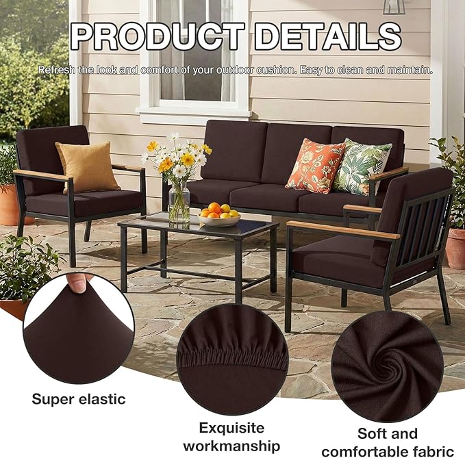 hyha 4Pcs Patio Cushion Covers, Stretch Outdoor Couch Cushion Covers Replacement, Washable Outdoor Chair/Sofa Slipcovers for Patio Furniture Cushions Protector with Elastic Bottom(Coffee,Cover Only)