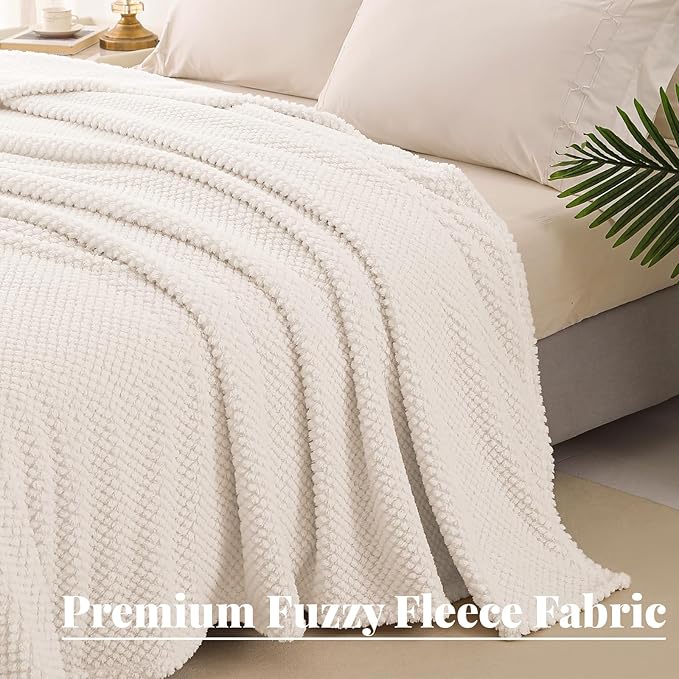 Whale Flotilla Queen Size Fuzzy Fleece Blanket for Bed, 90x90 Inch Fluffy Warm Soft Jacquard Blankets for All Season, Lightweight and Cozy, Ivory