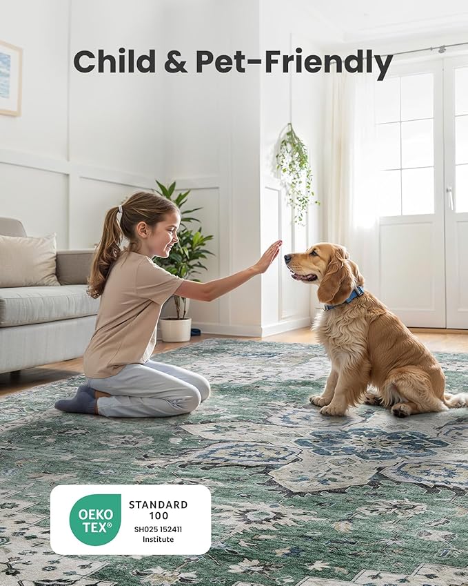 AMADA HOMEFURNISHING 5x7 Area Rugs, Washable Living Room Rug Low-Profile with Non-Slip Backing & Durable Edge Binding, Vintage 5x7 Rugs for Living Room, Bedroom, Dining Room