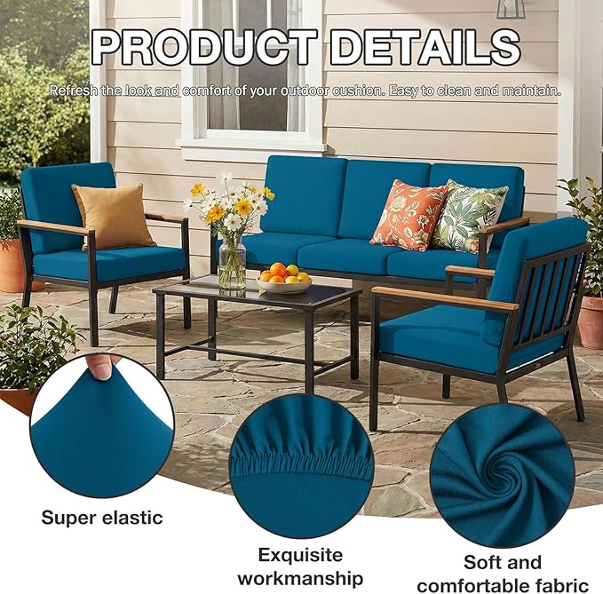hyha 8Pcs Patio Cushion Covers, Stretch Outdoor Couch Cushion Covers, Washable Outdoor Chair/Sofa Slipcovers for Patio Furniture Cushions Protector with Elastic Bottom(Peacock Blue,Cover Only)