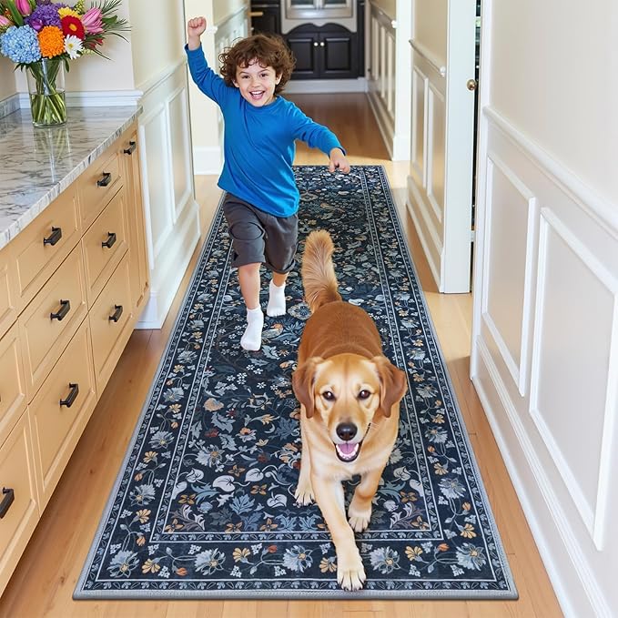 HEBE Washable Hallway Runner Rug 2'x 8' Non Slip Kitchen Rugs Runner,Low Pile Entryway Rug Laundry Room Mat Floral Carpet Runners for Hallways, Kitchen,Bathroom,Laundry,Bedside Rug