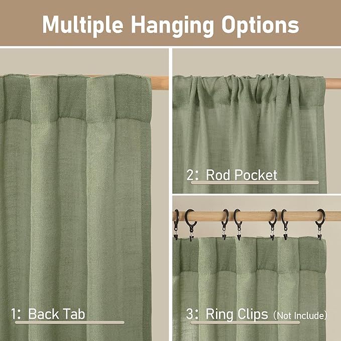LAMIT Sage Green Linen Curtains for Living Room 108 inch Length 2 Panels, Light Filtering Semi Sheer Panels Back Tab and Rod Pocket Panels for Bedroom/Sliding Glass Door, 52 x 108 Inch