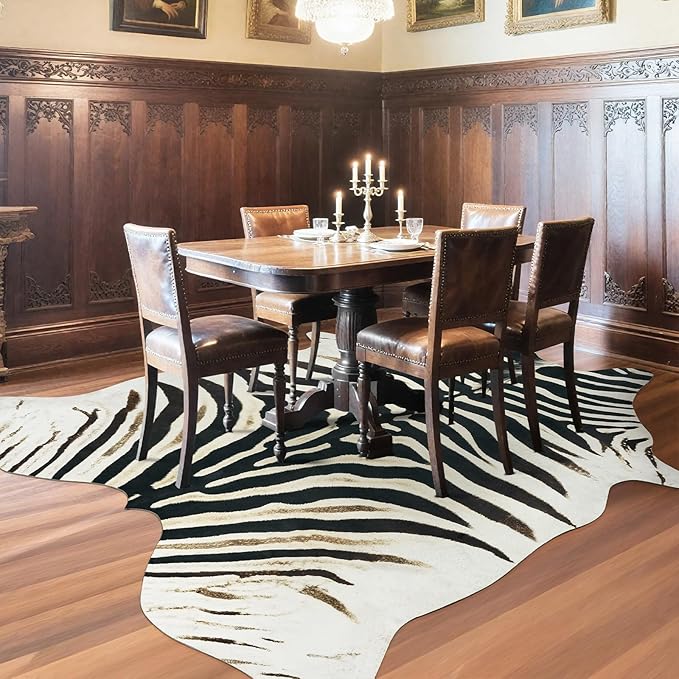 AROGAN Western Faux Fur Zebra Rug, 5.2x6.3 Feet Premium Animal Skin Print Rug, Sturdy Faux Zebra Hide Rugs for Wall Decor, Western Floor Carpet for Bedroom Living Room, Black and White