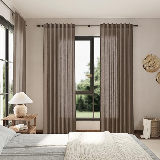 Light Brown Linen Curtains 90 Inch Length 2 Panels Set for Living Room Rod Pocket Back Tab Window Drapes Light Filtering Modern Farmhouse Curtain 90 Inches Long for Dining Room Bedroom 52x90