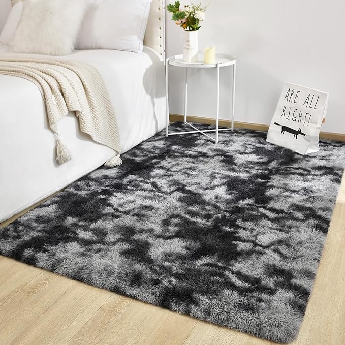 TWINNIS Super Soft Shaggy Rugs Fluffy Carpets 8x10 Feet, Indoor Modern Plush Area Rugs for Living Room Bedroom Kids Room Nursery Home Decor, Upgrade Anti-Skid Fuzzy Rug, Black and Grey