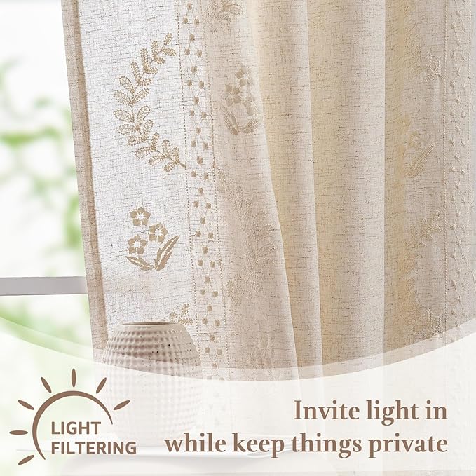 jinchan Belrose Linen Floral Kitchen Curtains 24 inch Length Embroidered Farmhouse Cafe Curtains for Living Room Bathroom Small Windows Curtain Set Sheer Light Filtering 2 Panels Ivory