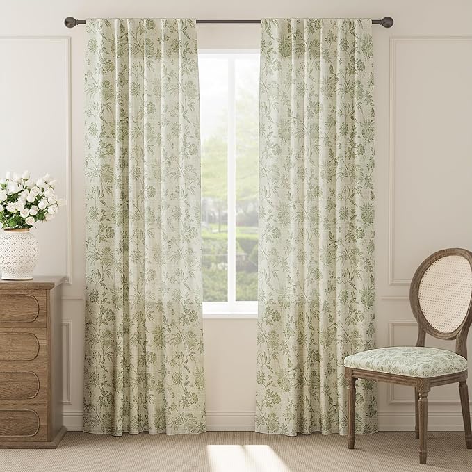 jinchan Linen Floral Curtains for Living Room with Printed Flower 90 Inches Long Light Filtering French Country Back Tab Rod Pocket Sage Green Window Curtain Set Farmhouse Drapes 2 Panels