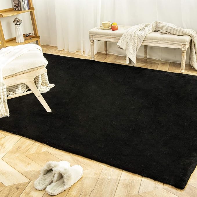 Ashler Faux Fur Rug, Ultra Soft Faux Rabbit Fur, Black Area Rugs, 5 x 7 Feet Rectangle, Machine Washable Nursery Decor Throw Rugs for Bedroom, Kids Room, Living Room